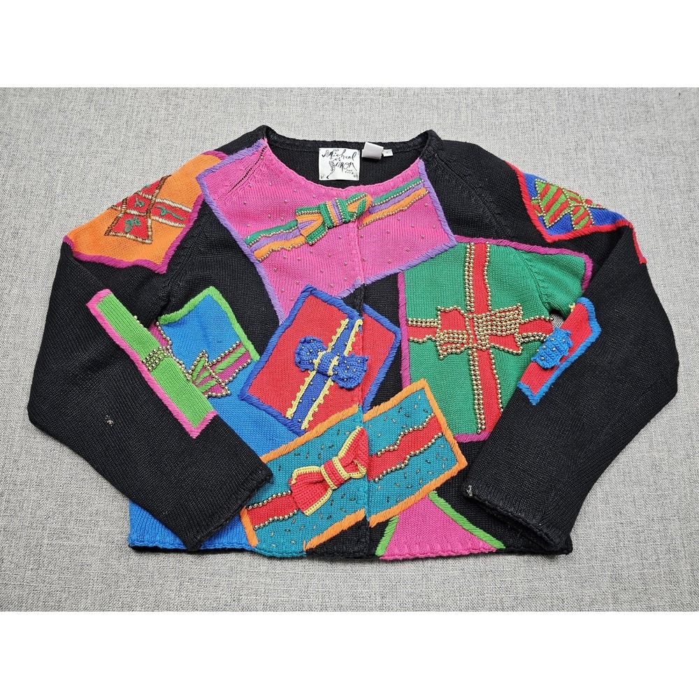 VINTAGE Michael Simon Sweater Womens Large Multicolor Gift Box Cardigan 90s